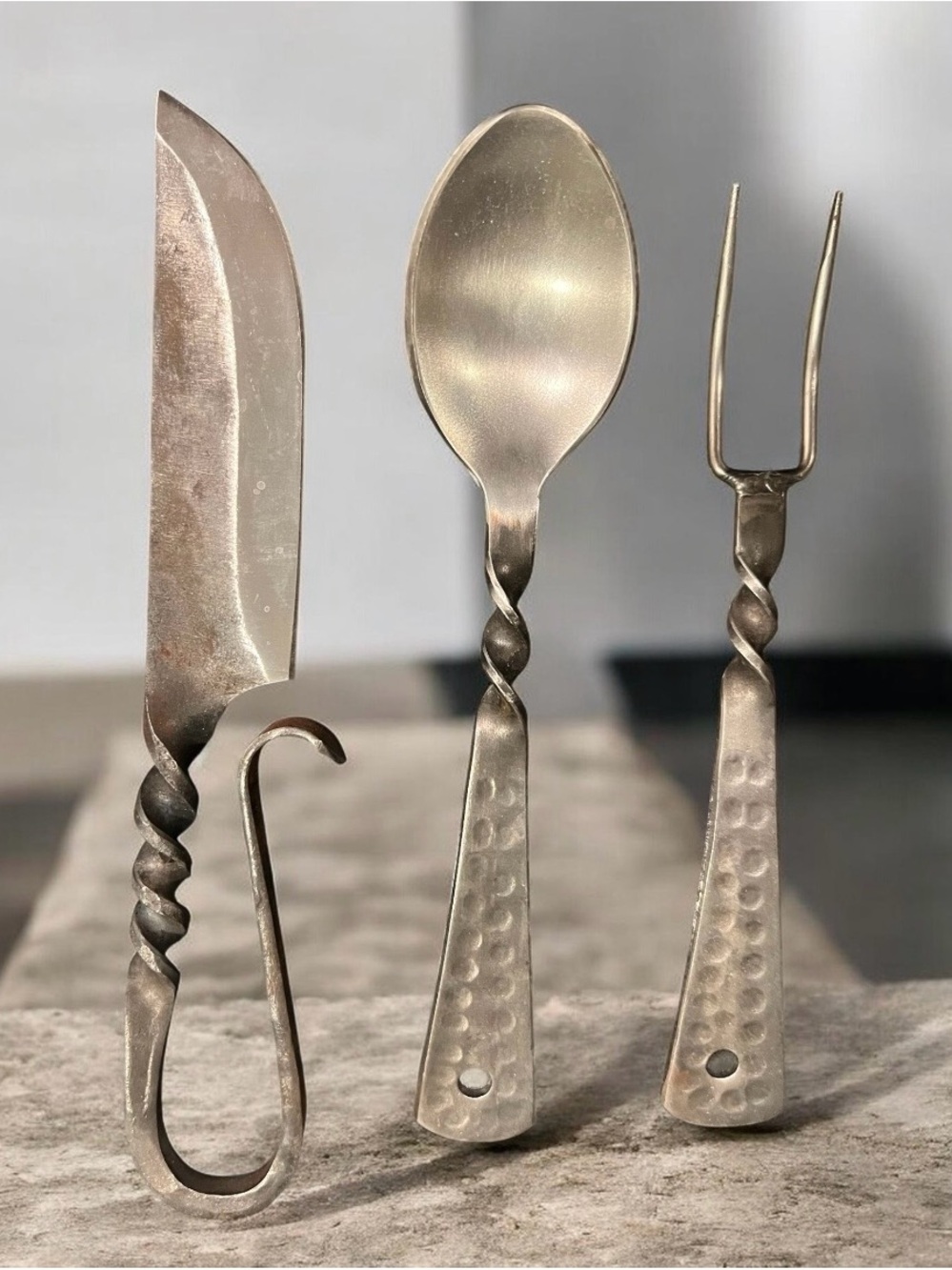 Vintage MCM Handcrafted metal serving set with twisted handles & hammered finish
